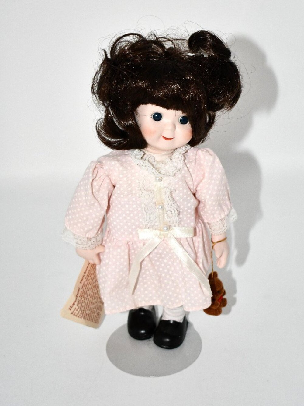 Vintage Hopechest Heirloom Porcelain Doll Pink Dress Teddy Bear Vector Intercont